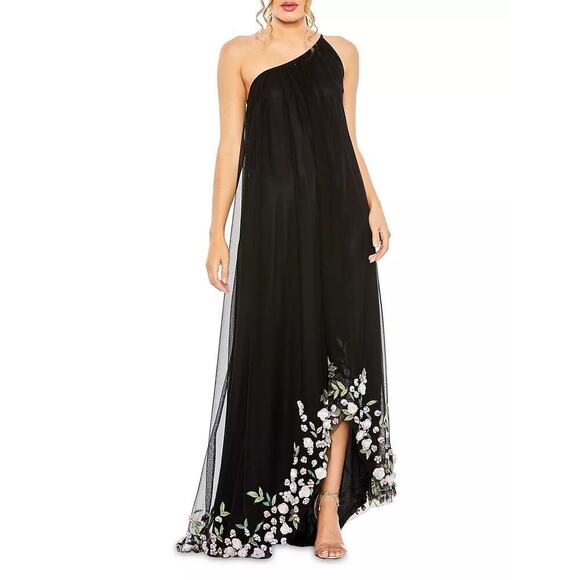 Mac Duggal Asymmetric Floral Chiffon High-Low Sleeveless Black Gown Size 10 NWT - Picture 2 of 13